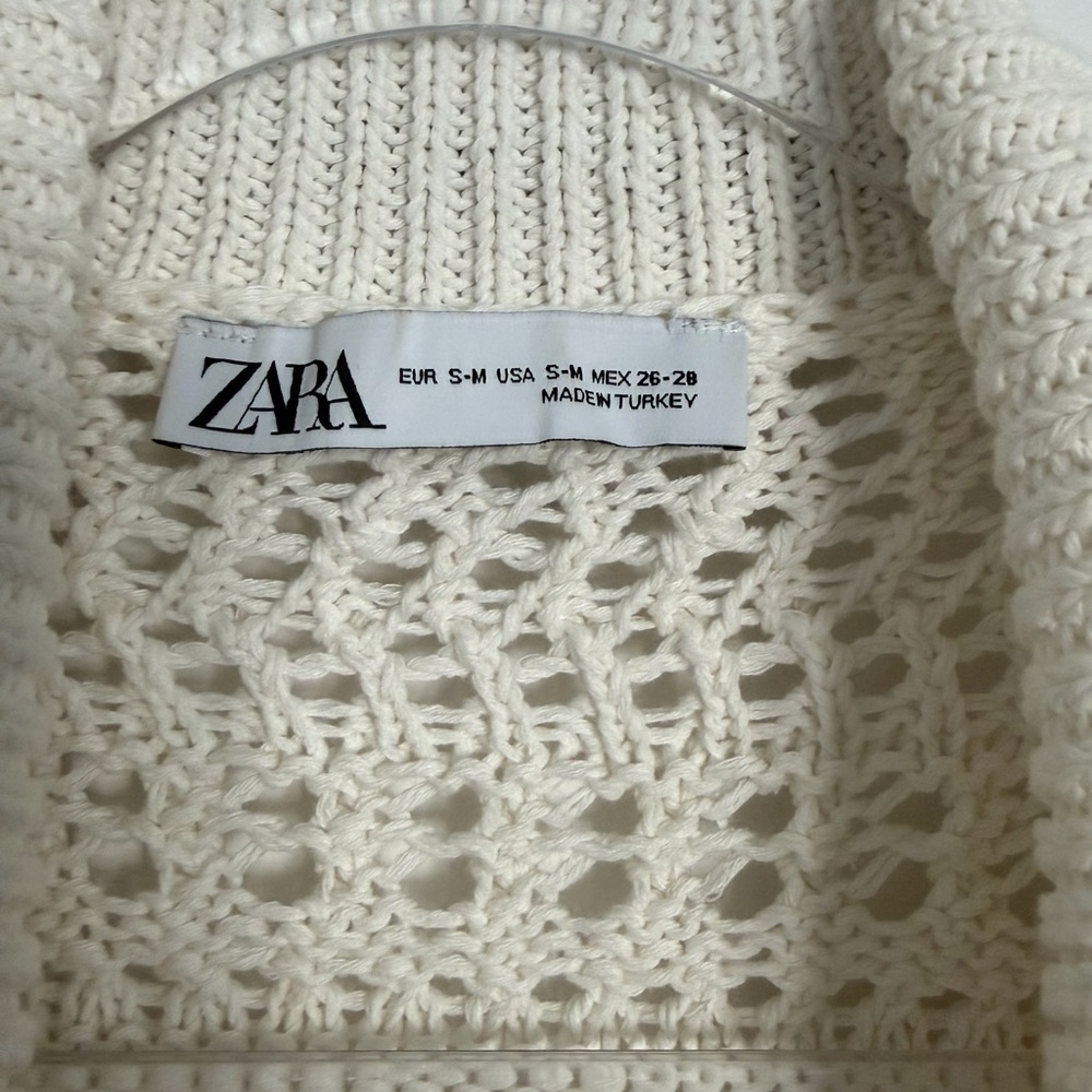 ZARA Cream Crochet Knit Short Sleeve Cardigan Top | Button Front Boho - Picture 6 of 9